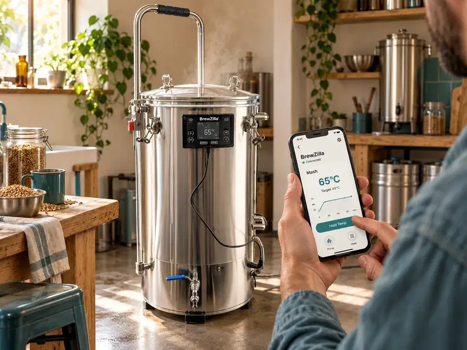 A brewer adjusting BrewZilla mash temperature using a phone
