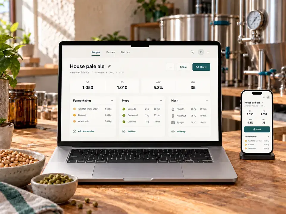 Recipe builder mockup on a laptop and phone beside malt and hops in a home brewery