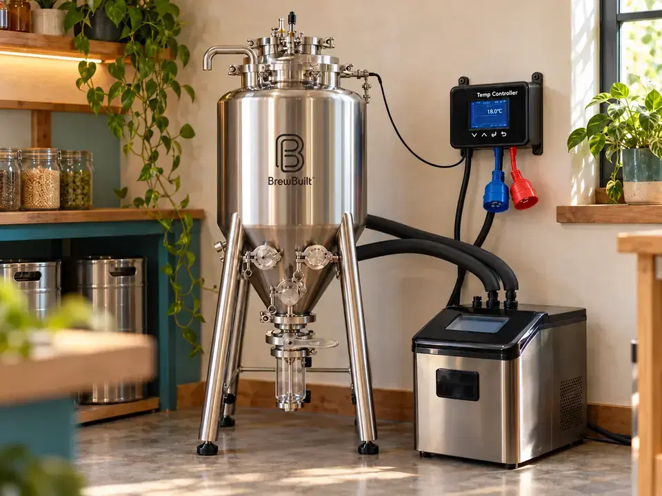 Stainless steel BrewBuilt fermenter beside a RAPT temperature controller and glycol chiller