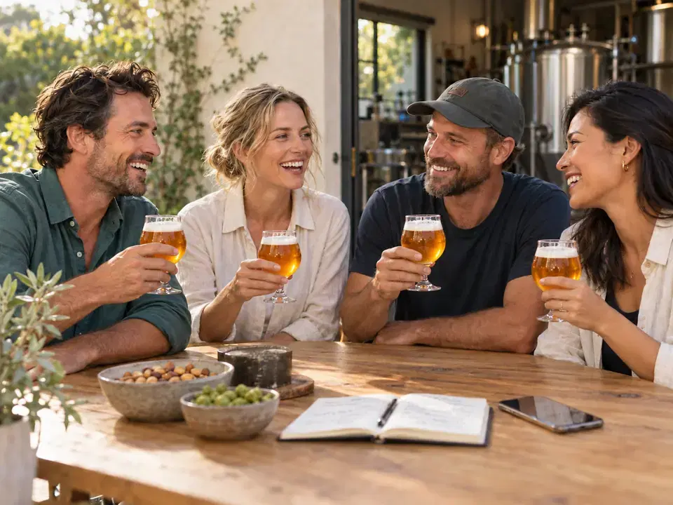 Four friends tasting home-brewed beer together with a tasting notebook on the table