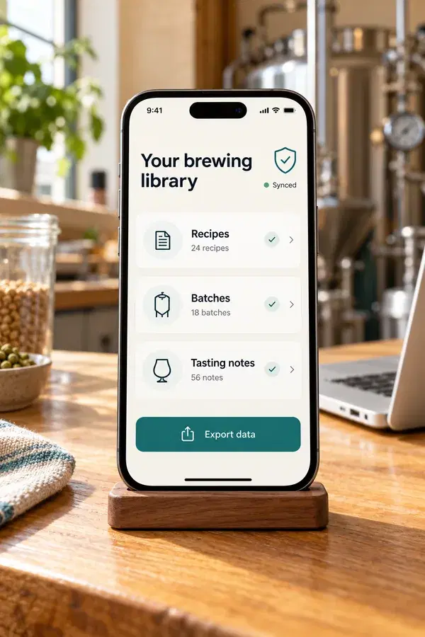 Phone mockup showing a synced brewing library and data export control