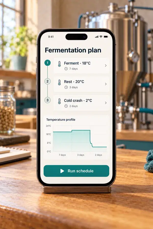 Phone mockup showing a fermentation schedule and cold-crash steps