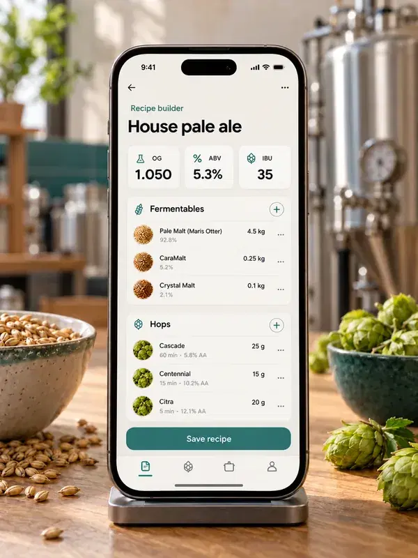 Recipe builder mockup on a phone beside malt and hops