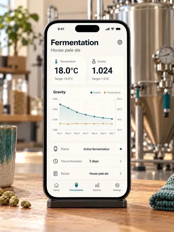 Phone mockup displaying live fermentation gravity and temperature charts